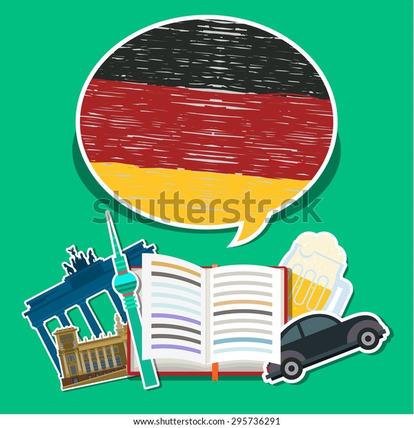 Concept of travel or studying German. Open\
book with hand drawn German flag and German symbols. Flat design,\
vector illustration