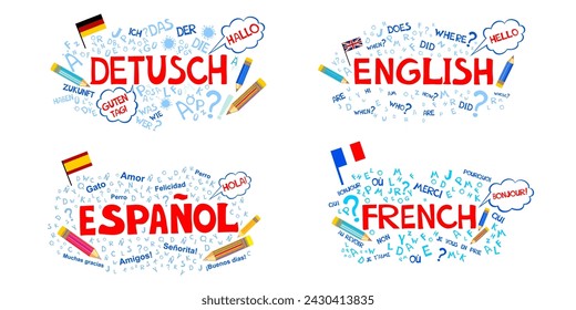 Concept of travel or studying languages. English, German, Spanish,  French. Flat design. Language school course. Study foreign languages with native speaker. Online personal tutor. vector illustration