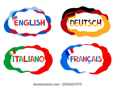 Concepto de viajar o estudiar idiomas. Inglés, alemán, italiano, francés. Diseño plano. Curso de la escuela de idiomas. Estudia idiomas extranjeros con hablantes nativos. Tutor personal online. Ilustración vectorial