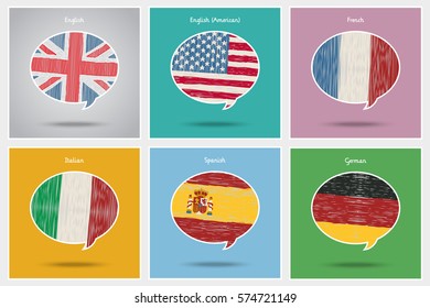 Concept of travel or studying languages. English, German, Spanish, Italian, French. Hand drawn flags in speech bubble. Flat design, vector illustration