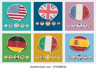 Concept of travel or studying languages. English, German, Spanish, Italian, French. Hand drawn flags in speech bubble with people icons. Flat design, vector illustration