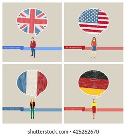 Concept of travel or studying languages set. Speech bubble with hand drawn flags. English, american, germany, french