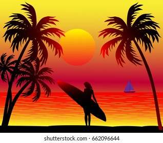 The concept of travel with surfer and palm trees. Sleek design, vector illustration.