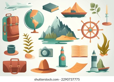 Concept Travel. This flat cartoon design depicts a set of travel-related objects and landmarks on a simple white background. Vector illustration.