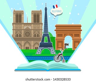 Concept of Travel and Tourism. Travel to France. Study French. Open book with French landmarks.