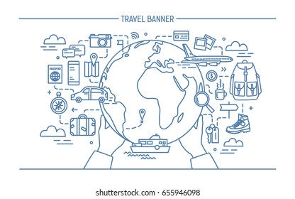 Concept of travel and tourism. Horizontal advertising banner with earth, globe, transport, things necessary traveler. Contour vector illustration in lineart style.