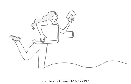 Concept travel and tourism. Line drawing of running girl with suitcase and passport.