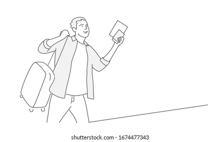 Concept travel and tourism. Line drawing of man with suitcase and 
passport.