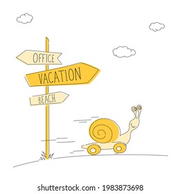 Concept of travel, tourism, vacation. Creative illustration. Snail flees from the office on vacation.