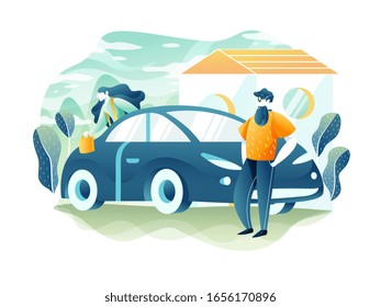 The concept of travel and tourism. a young couple is getting ready for a vacation by car. green background, suitcase. Flat vector illustration.