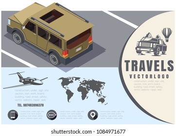 concept travel, vector graphics, car trip, flights on airplanes, illustration of the journeys around the world, isometric design