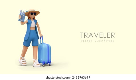 Concept of traveling abroad. Woman in summer clothes and sunglasses is in hurry to travel. Female character rolls suitcase and holds passport with tickets. Time to go on vacation