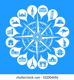 the concept of traveling around the world. Famous international landmarks.