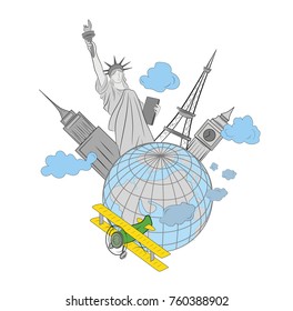 Concept of traveling around the world. World sights on the background of  Earth. vector illustration.