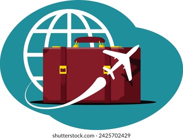 Concept of traveling around world, suitcase and airplane against globe. Stock vector illustration