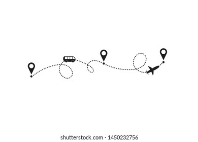 Concept of traveling by bus and plane. Vector illustration. Traveling route or track with location markers