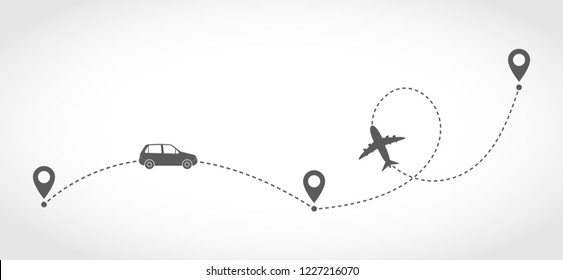 Concept of traveling by car and plane. Vector illustration. Traveling route or track with location markers