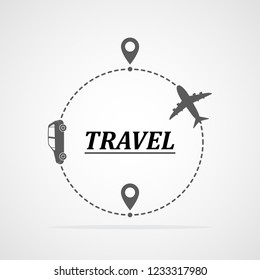 Concept of traveling by car and plane. Vector illustration. Traveling route or track with location markers