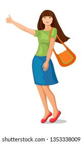 Concept of traveling by hitchhiking. Smiling young woman standing at the road and making the thumbs up gesture for stopping car.  Vector illustration on isolated background.