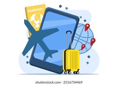 concept of traveling by plane, planning a trip with summer vacation concept. Business trip with passport and travel bag. Online tickets, travel booking and services.
