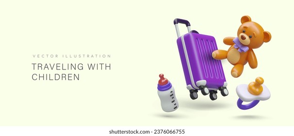 Concept of traveling with children. Kids accessories for vacations and flights. Realistic suitcase, teddy bear, pacifier, feeding bottle. Space for advertising text