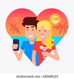 The concept of traveling couple spending their honeymoon on a tropical island and making selfie behind the sea sunset for sharing pictures with friends and family. Vector illustration.