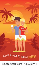 The concept of traveling couple spending their honeymoon on a tropical island and making selfie behind the sea sunset for sharing pictures with friends and family. Vector illustration.