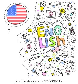 Concept of traveling or studying English. American flag and face with line art icons. Flat design, line art vector illustration.