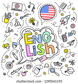 Concept of traveling or studying English. American flag and letters in speech bubble with line art icons. Flat design, line art vector illustration.