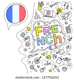 Concept of traveling or studying French. French flag and face with line art icons. Flat design, line art vector illustration.