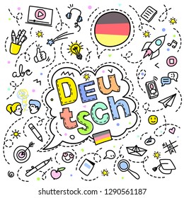 Concept of traveling or studying German. German flag and face with line art icons. Flat design, line art vector illustration.