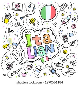Concept of traveling or studying Italian. Italian flag and face with line art icons. Flat design, line art vector illustration.