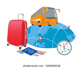 Concept of travelling around the world on a bus, journey and trip to other countries, 3d isometric vector illustration for graphic and web design