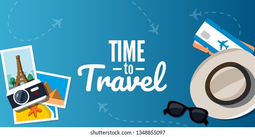 Concept of travelling. Camera, hat, sunglasses and pile photos from travels. Vector illustration in flat style.