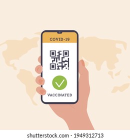 Concept of travelling during Coronavirus. Top view of person holding a phone. An app with QR code as proof of Covid Vaccine. Immunization certificate. Vaccinated passenger. Vector flat illustration.