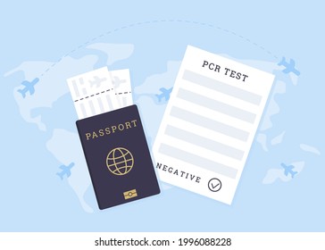 Concept of Travelling with Fit to fly certificate. Pre-travel Covid-19 PCR test. A passport with airline boarding tickets and document with Coronavirus testing. Vector illustration in flat style.