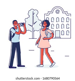 Concept Of Travelling. Happy Couple Travel By Famous Landmarks, Taking Pictures And Having A Good Time Together. People Spend Vacations Or Honeymoon. Cartoon Linear Outline Flat Vector Illustration