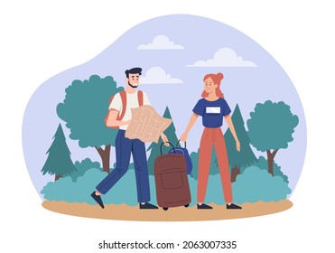 Concept of travelling. Man with map in his hands and girl with suitcase looking for way. Tourists, vacation, recreation, nature, outdoor. Couple exploring route. Cartoon flat vector illustration