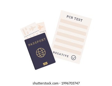 Concept of Travelling with pre-travel Covid-19 PCR certificate. A passport with airline boarding tickets and Coronavirus testing result document. Vector illustration in flat style isolated on white.
