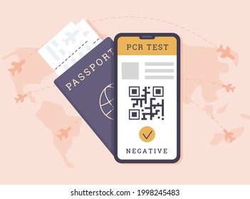 Konzept des Reisens mit dem Covid-19 PCR-Test im Vorweg. Ein Reisepass mit Flugtickets und Coronavirus-Tests ergeben sich auf dem Handybildschirm. Vektorgrafik im Flachstil.