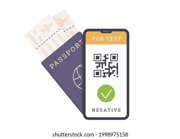 Concept of Travelling with pre-travel Covid-19 PCR test. A passport with airline boarding tickets and Coronavirus testing result with QR code on mobile phone screen. Vector illustration in flat style.