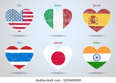 Concept of travelling or study languages. Set of flags in shape of hearts. Vector illustration.