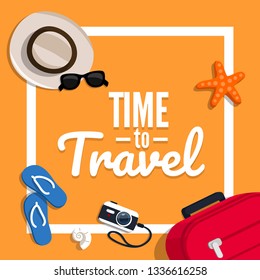 Concept of travelling with the text. Vector illustration in flat style. Suitcase, ticket, hat, sunglasses on a orange background.