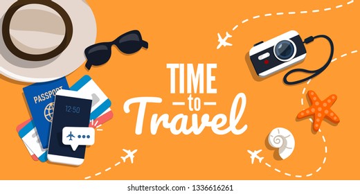 Concept of travelling with the text. Vector illustration in flat style. Suitcase, ticket, hat, sunglasses on a orange background.