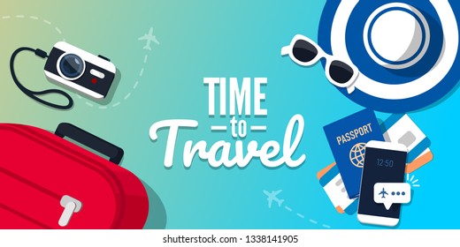 Concept of travelling with the text. Vector illustration in flat style. Suitcase, ticket, hat, sunglasses on a blue background.