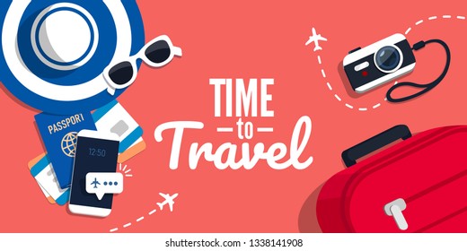Concept of travelling with the text. Vector illustration in flat style. Suitcase, ticket, hat, sunglasses on a red background.