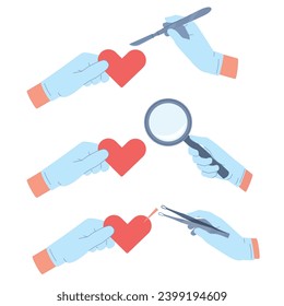 Concept of treating heart pain, gloved hands with scalpel, magnifying glass and tweezers. Heartbroken in romantic relationships symbol. Medical tools. Vector cartoon flat style illustration