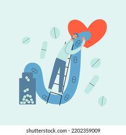 The concept of treating heart problems. Cardiologist provides first aid. Vector illustration in flat style