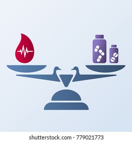 Concept of treating high blood pressure with drugs - blood drop and pill bottles on scales flat illustration