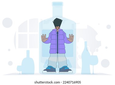 The concept of treatment for alcohol addiction. The guy is inside the bottle.